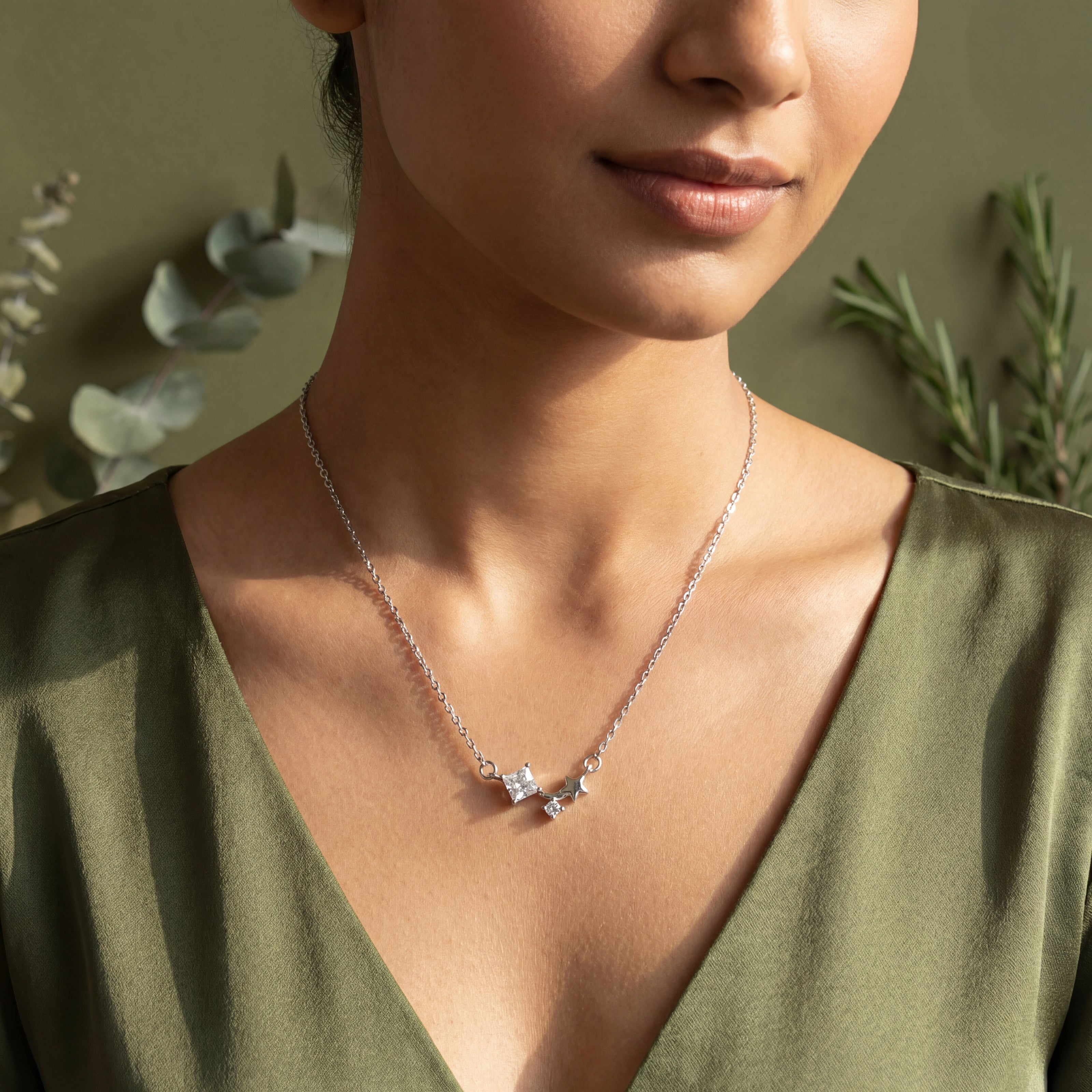 Star charm diamond 925 silver pendant chain