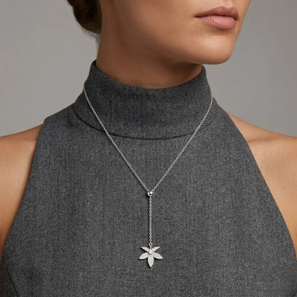 925 Sterling Silver Floral Drop Necklace for Women with Sparkling Cubic Zirconia Six-Petal Flower Pendant