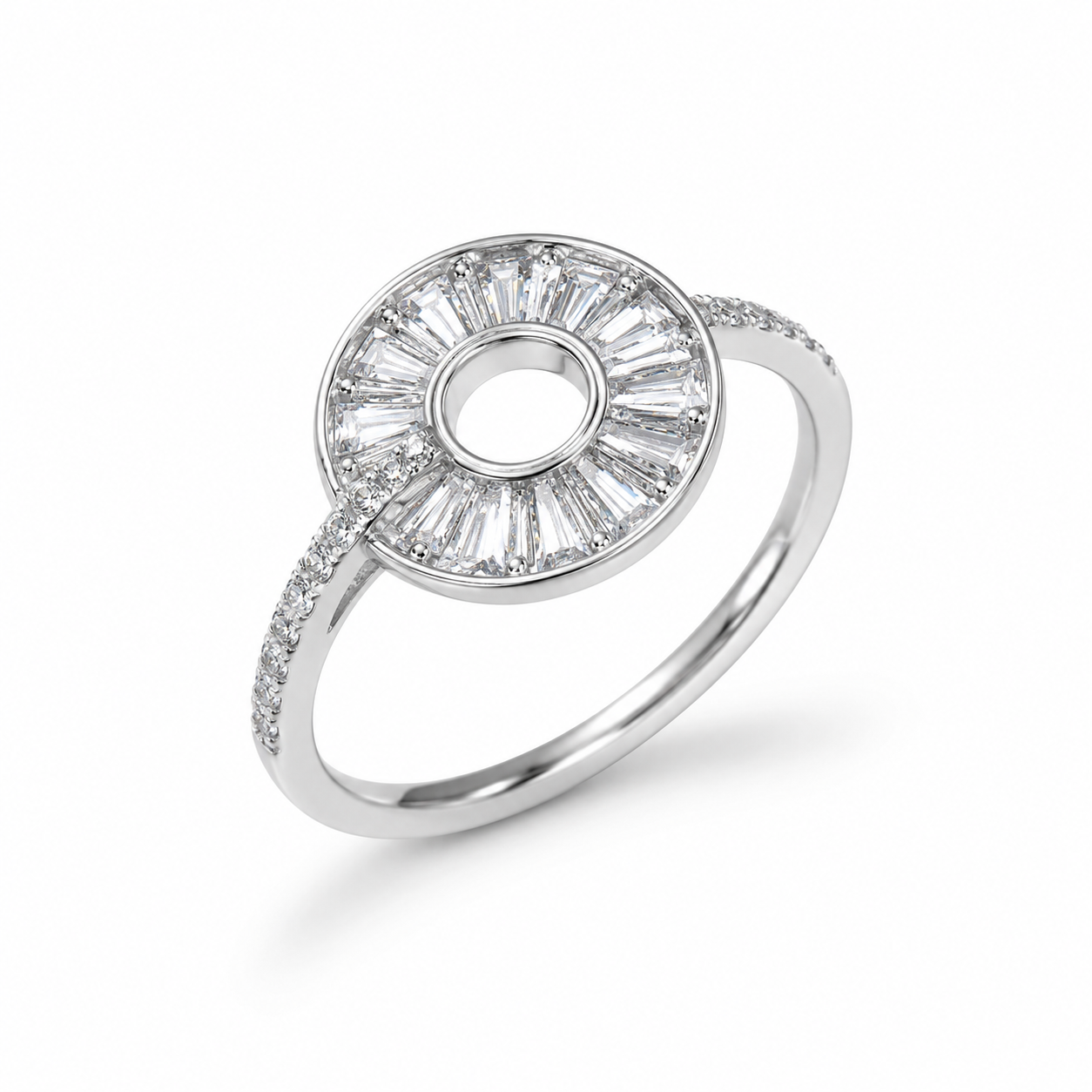 925 Sterling Silver Round Halo Semi-Mount Ring with Baguette CZ Halo Design