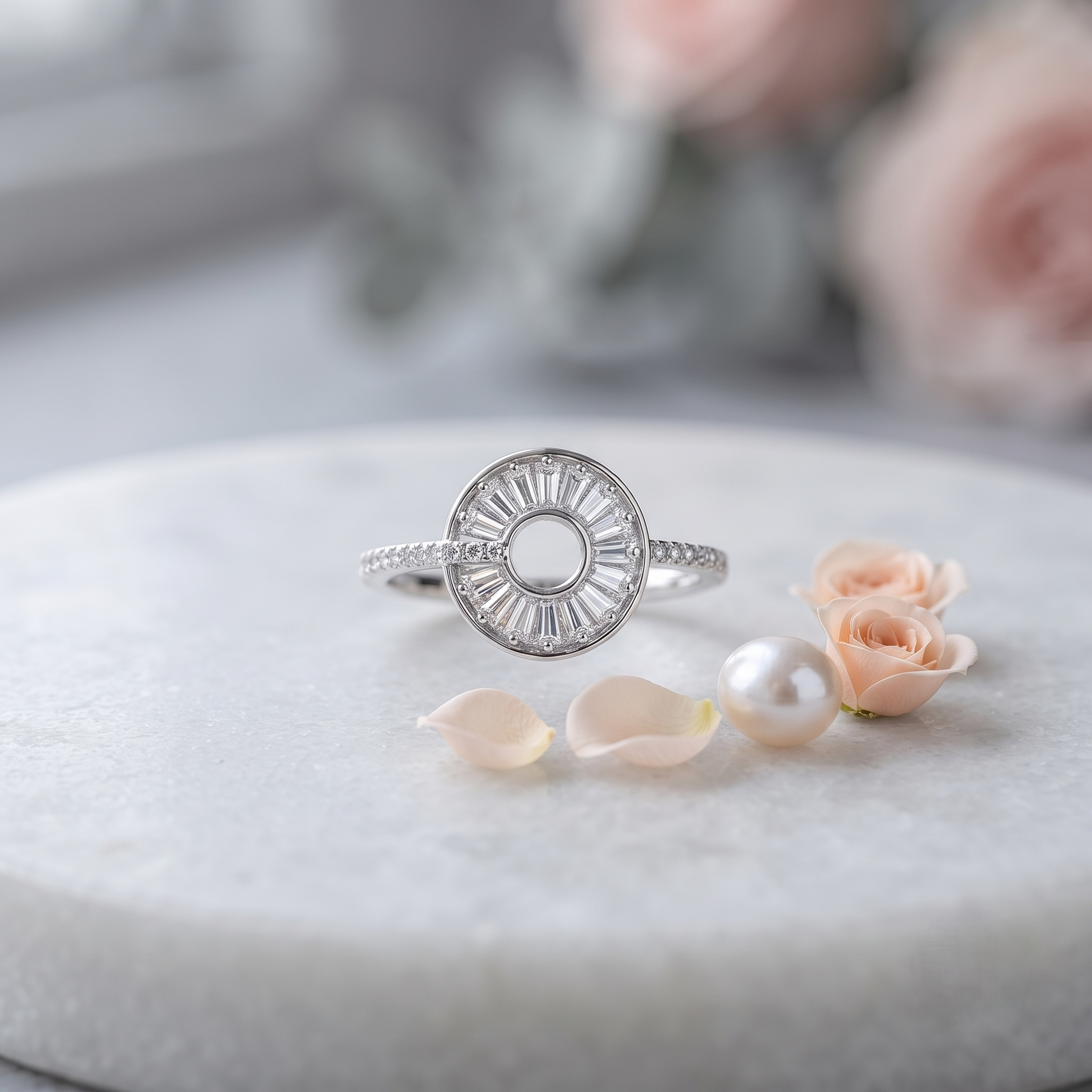 925 Sterling Silver Round Halo Semi-Mount Ring with Baguette CZ Halo Design