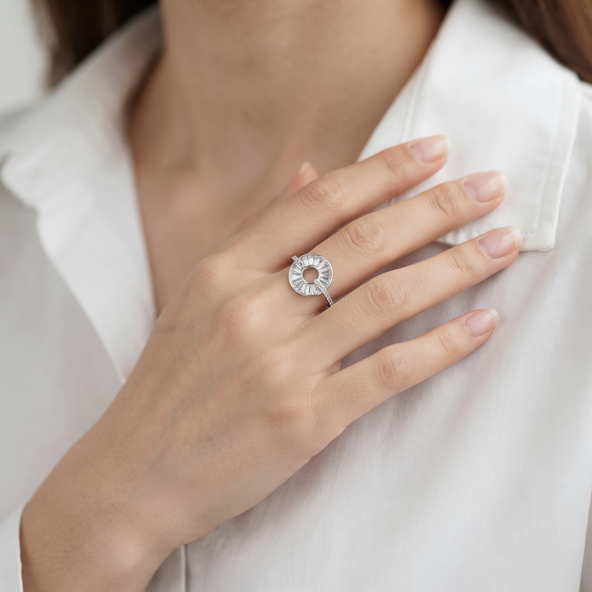 925 Sterling Silver Round Halo Semi-Mount Ring with Baguette CZ Halo Design