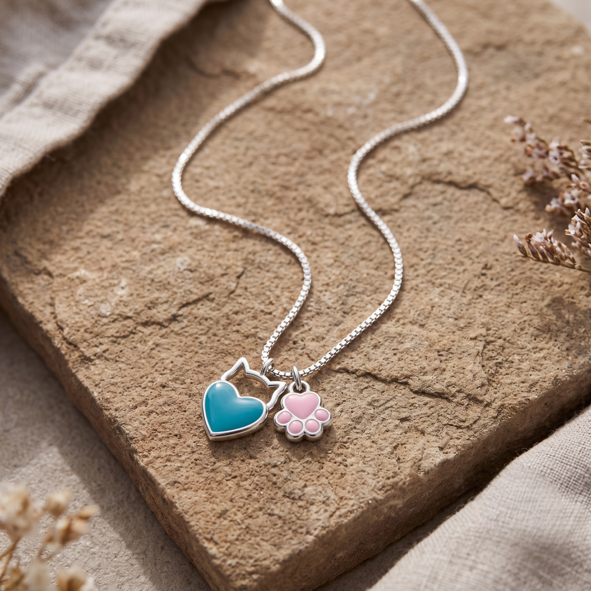 Teal Heart & Pink Paw Charm Silver Necklace