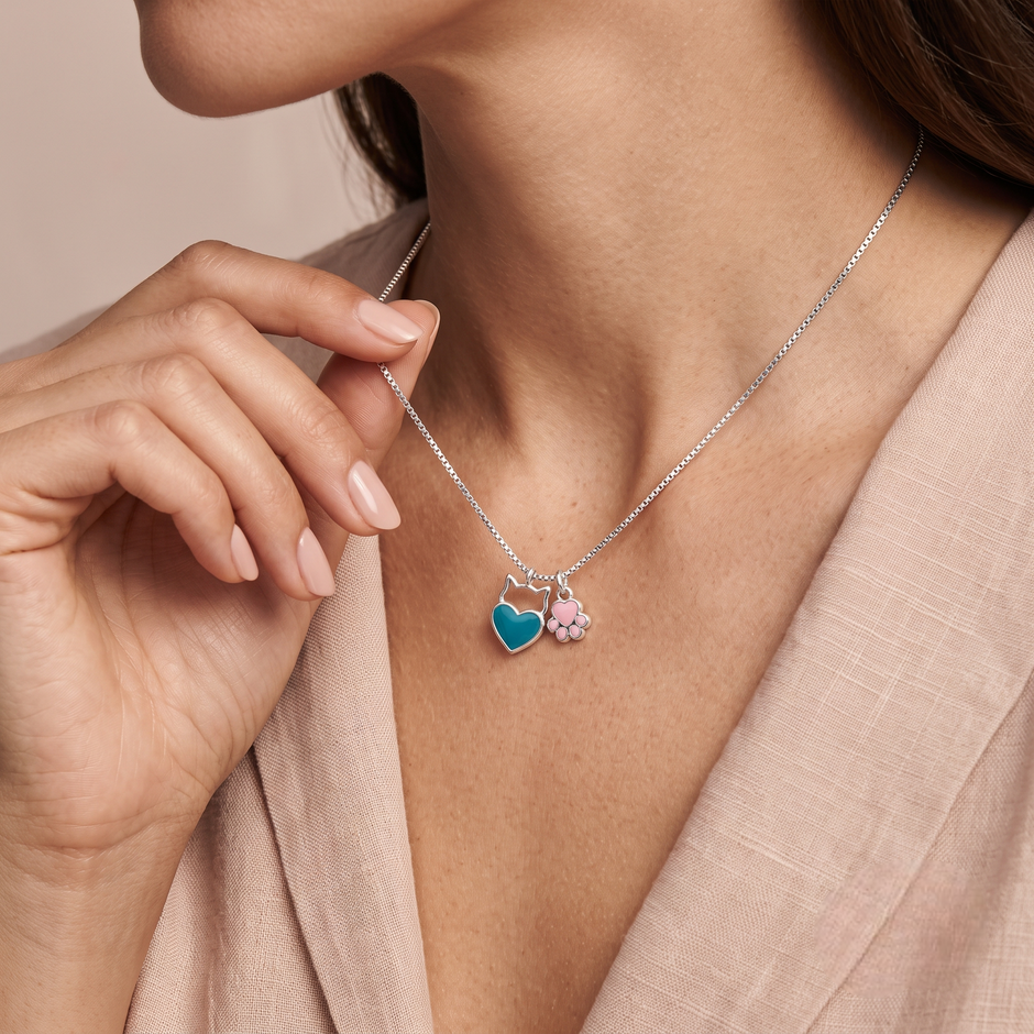 Teal Heart & Pink Paw Charm Silver Necklace