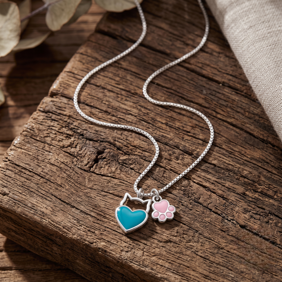 Teal Heart & Pink Paw Charm Silver Necklace