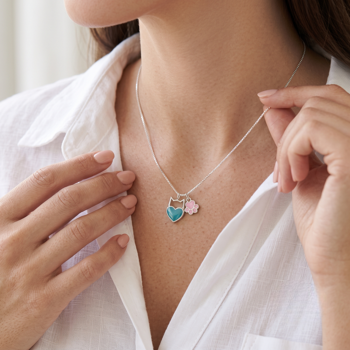 Teal Heart & Pink Paw Charm Silver Necklace