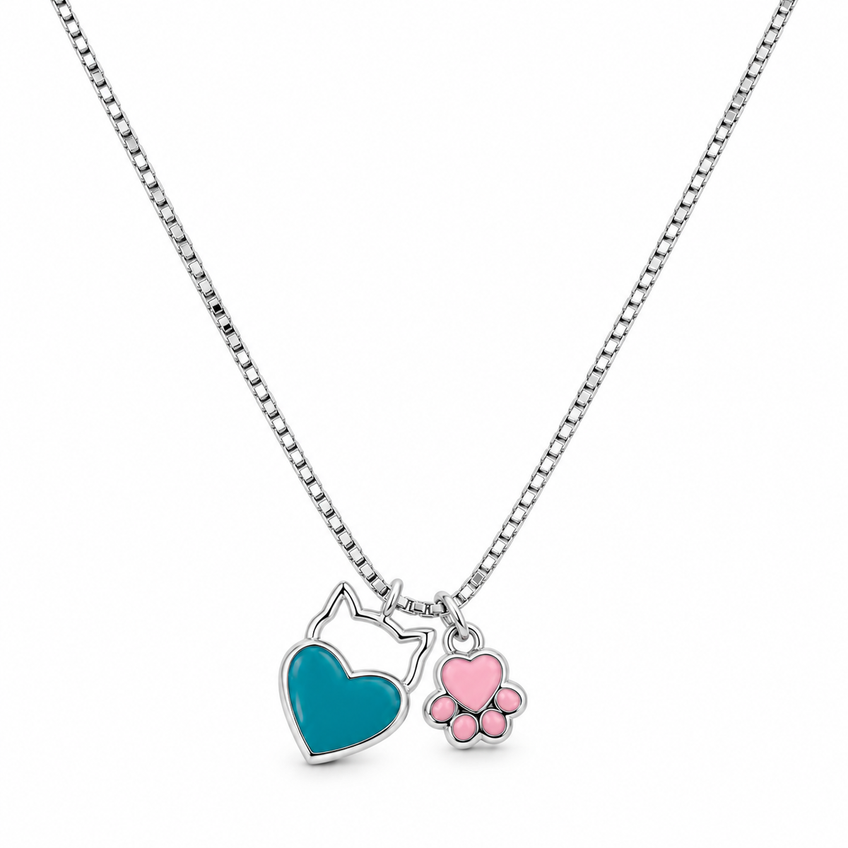 Teal Heart & Pink Paw Charm Silver Necklace