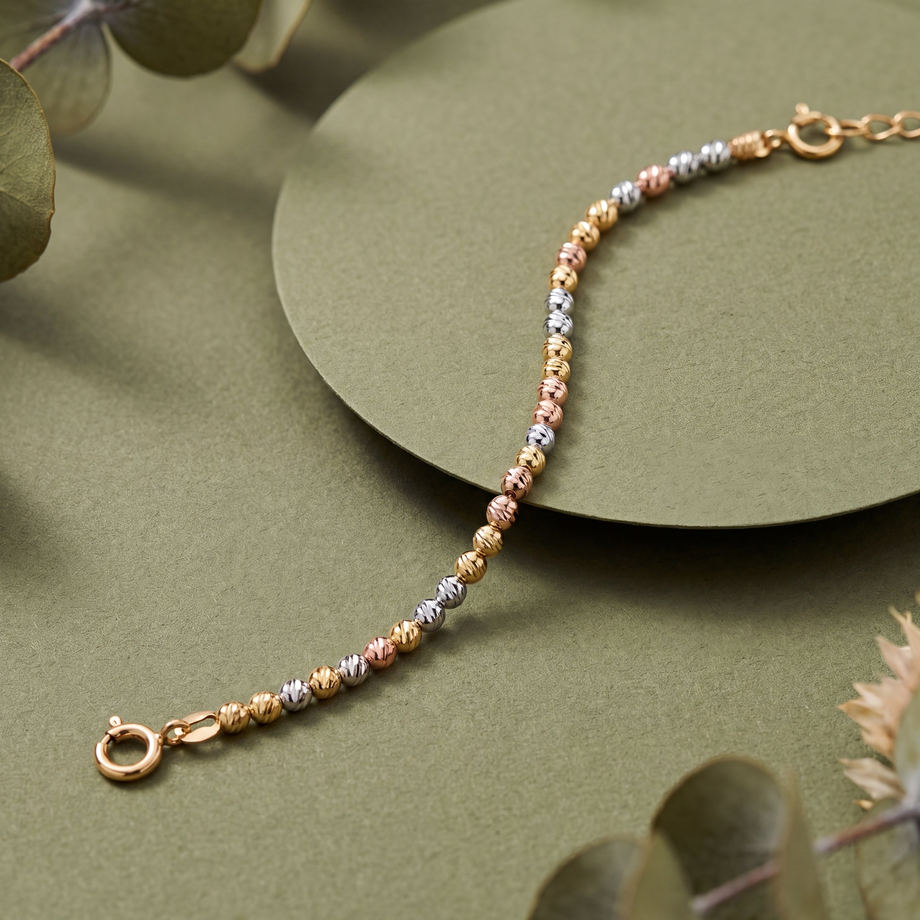 Tri-Tone Beaded Link Design 925 Sterling Silver Bracelet for Women
