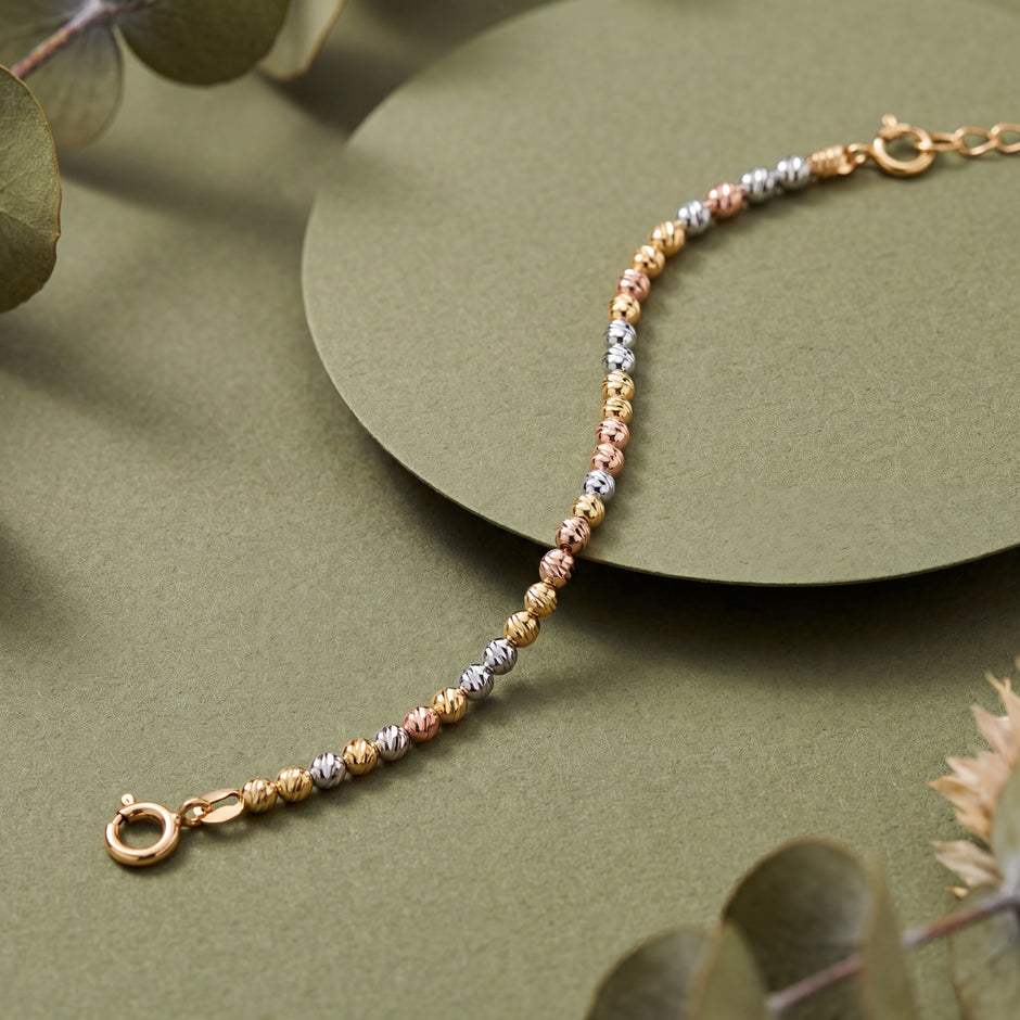 Tri-Tone Beaded Link Design 925 Sterling Silver Bracelet for Women