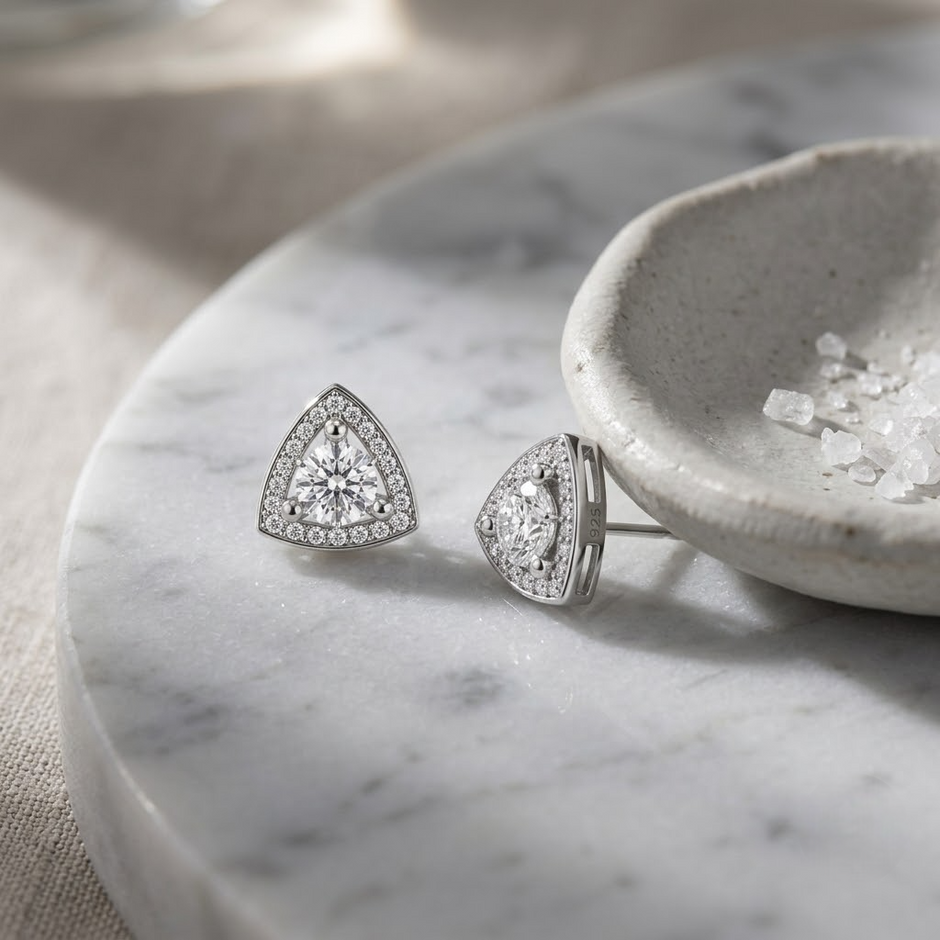 Triangle Halo CZ Diamond 925 Sterling Silver Stud Earrings for Women