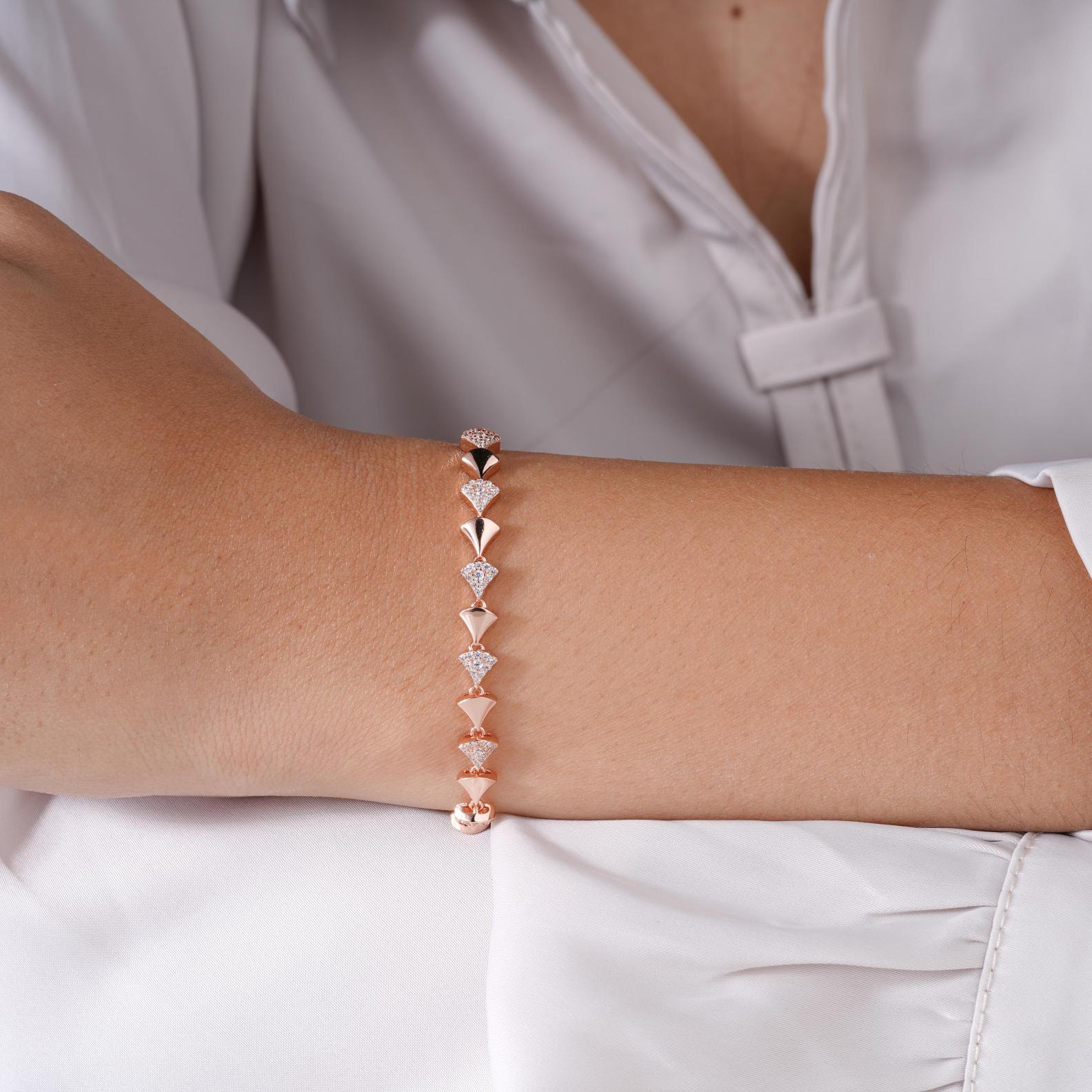 Triangle Shape Diamond CZ Straight-Line 925 Sterling Silver Rose Gold Bracelet for Women