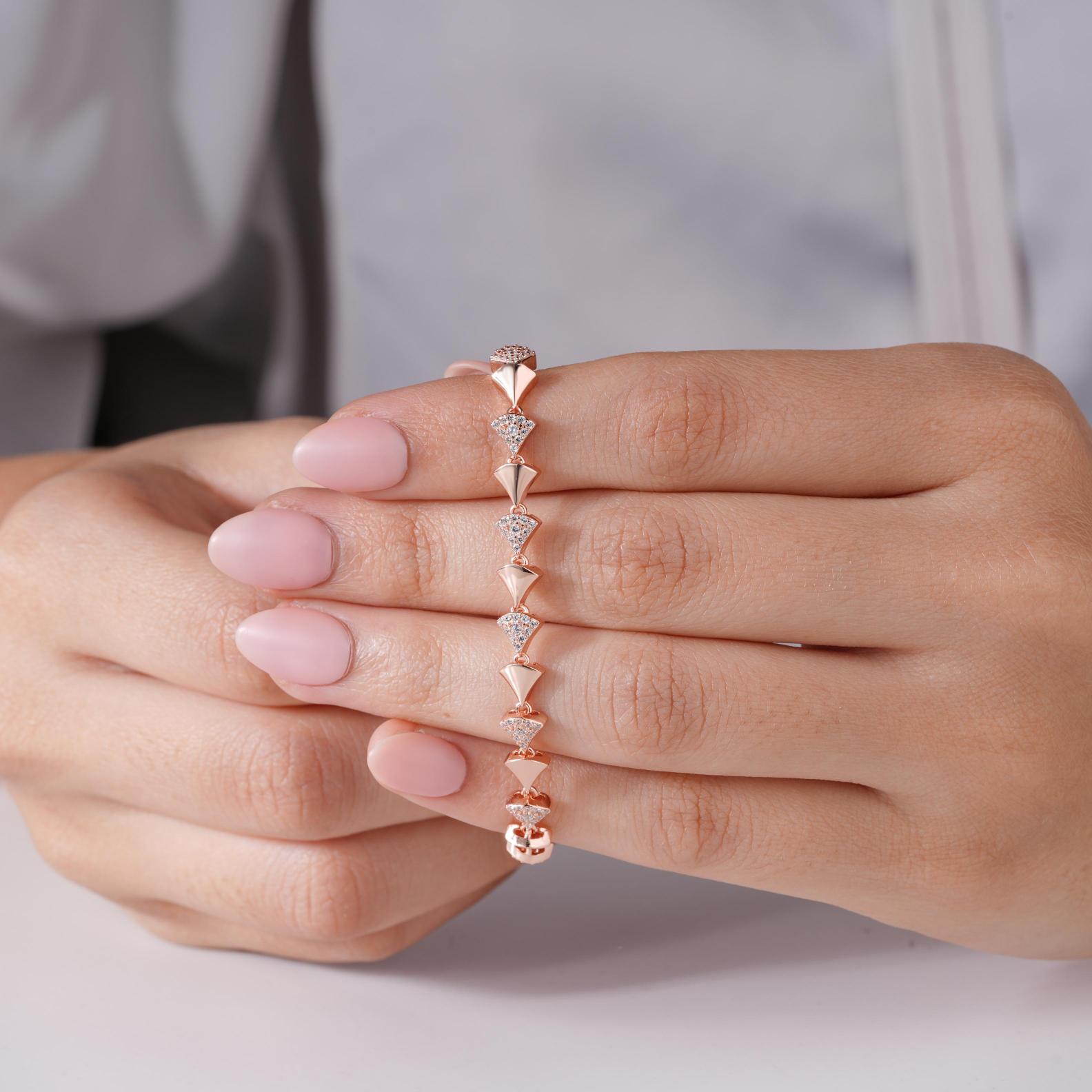 Triangle Shape Diamond CZ Straight-Line 925 Sterling Silver Rose Gold Bracelet for Women