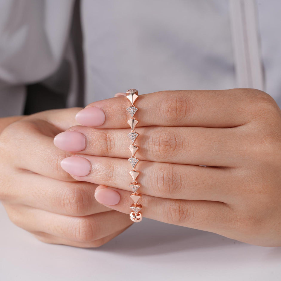 Triangle Shape Diamond CZ Straight-Line 925 Sterling Silver Rose Gold Bracelet for Women