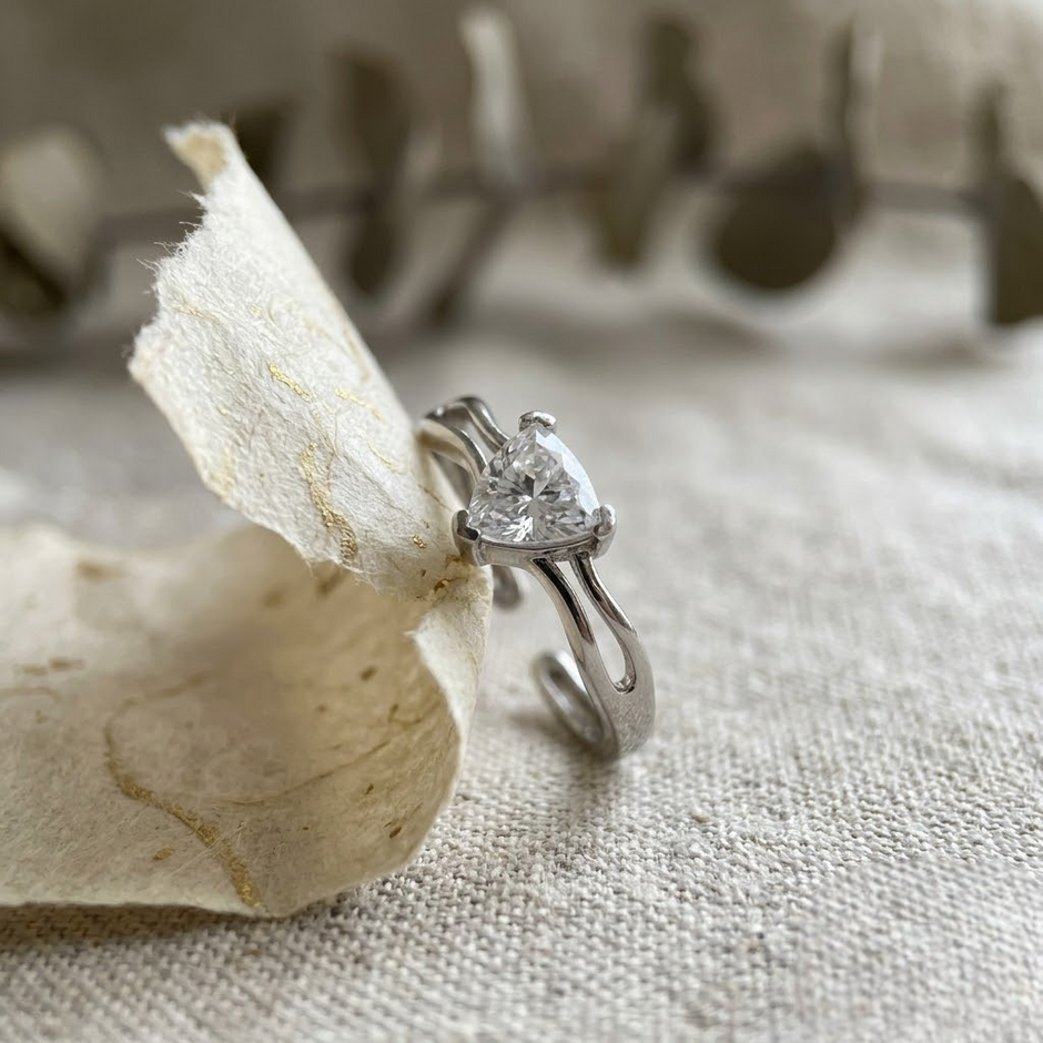 925 Sterling Silver Adjustable Open Ring with Trillion CZ Solitaire