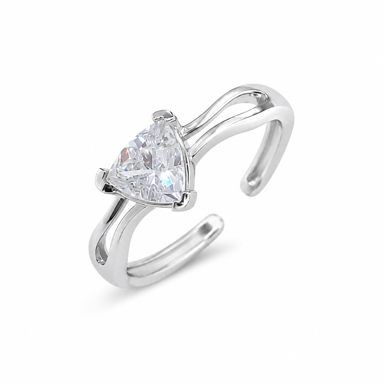 925 Sterling Silver Adjustable Open Ring with Trillion CZ Solitaire