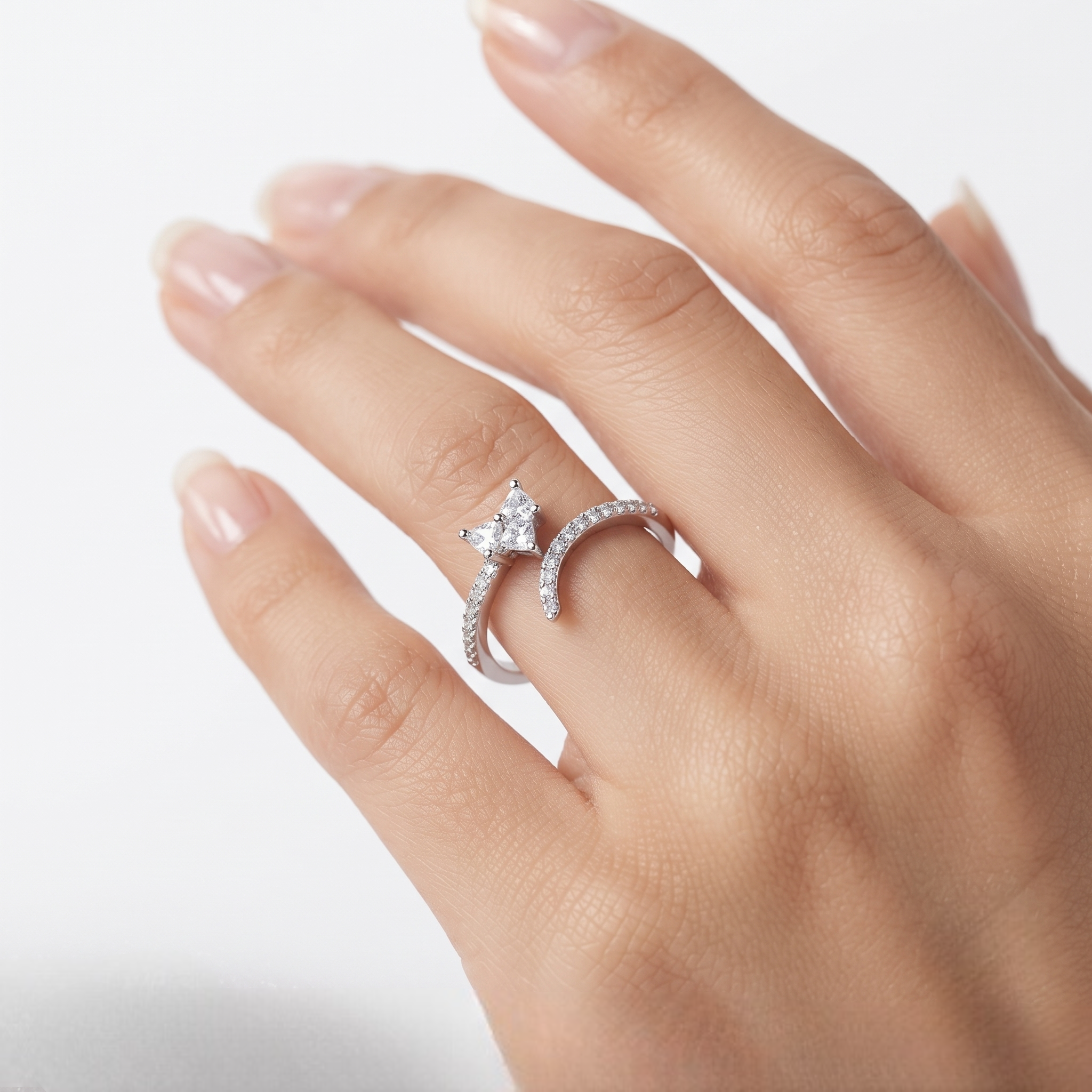 925 Sterling Silver Emerald-Cut Open Ring with Triple Round CZ Accent Stones