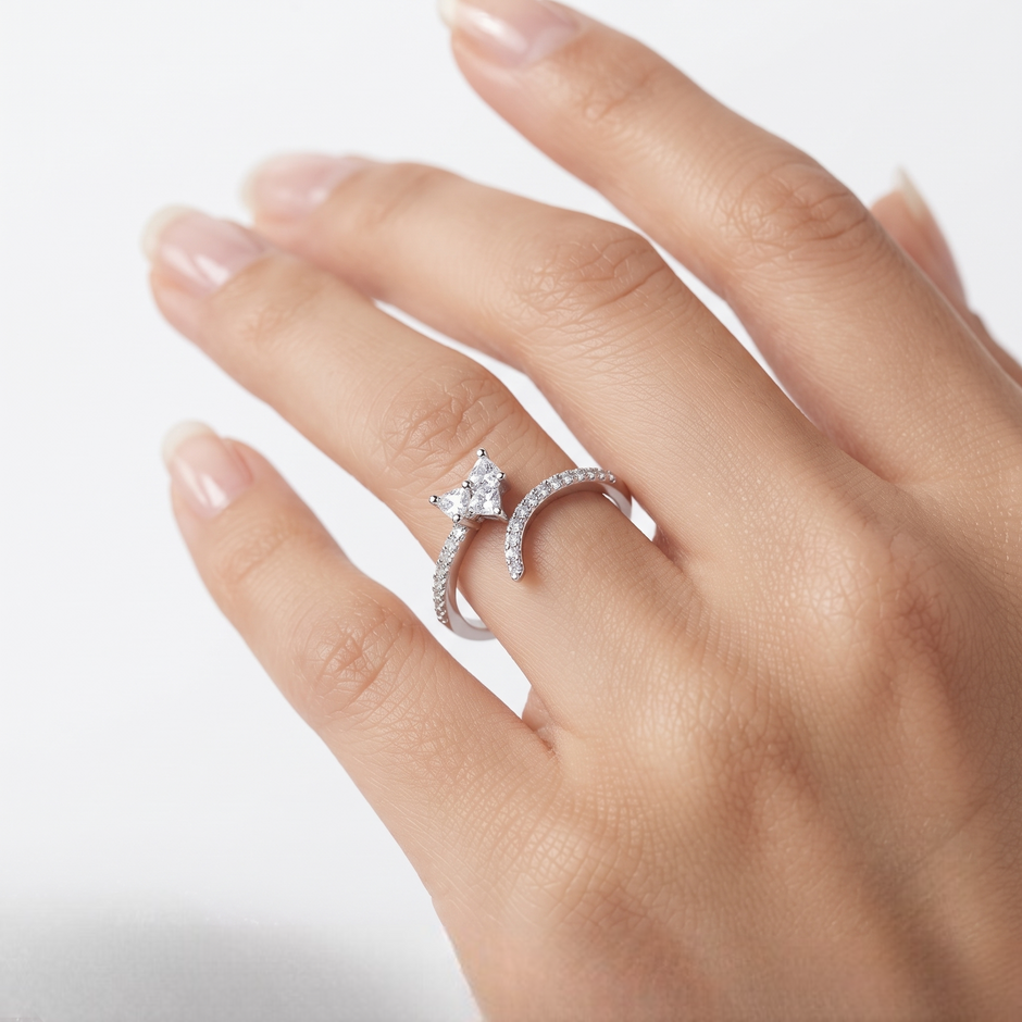 925 Sterling Silver Emerald-Cut Open Ring with Triple Round CZ Accent Stones