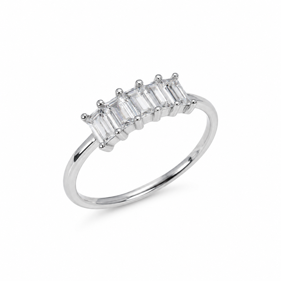 925 Sterling Silver Three-Stone Emerald Cut Cubic Zirconia Ring for Women on Black Stone Display
