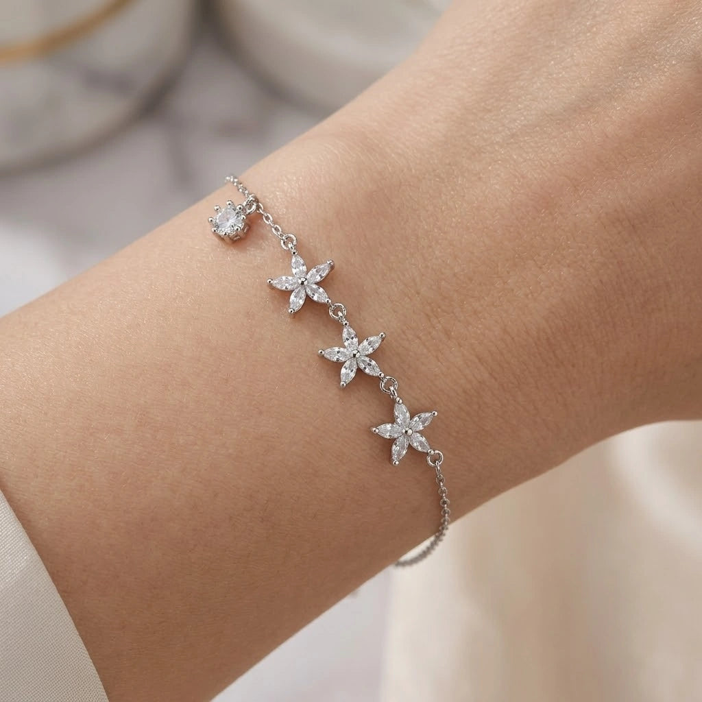 Triple Flower Charm 925 Sterling Silver Bracelet for Women