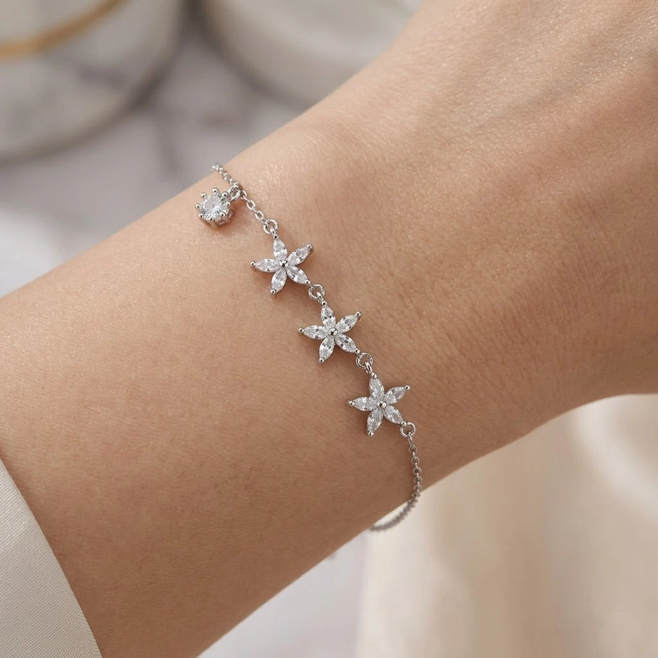 Triple Flower Charm 925 Sterling Silver Bracelet for Women
