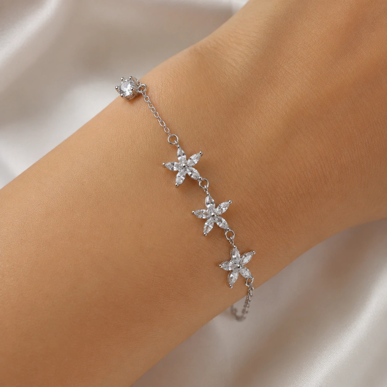 Triple Flower Charm 925 Sterling Silver Bracelet for Women