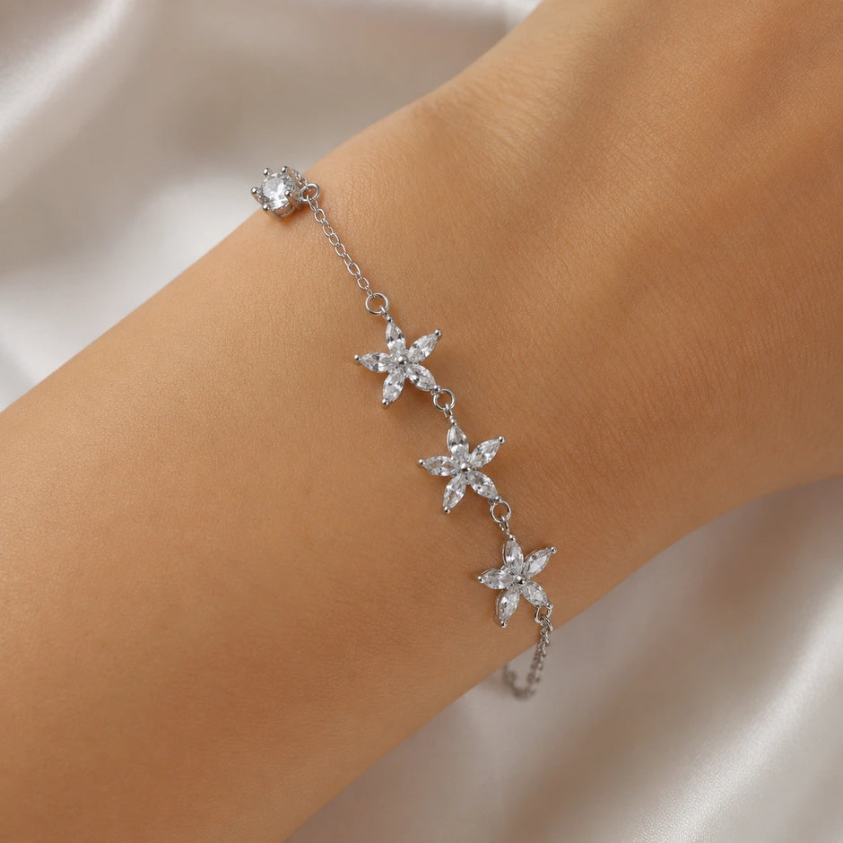 Triple Flower Charm 925 Sterling Silver Bracelet for Women