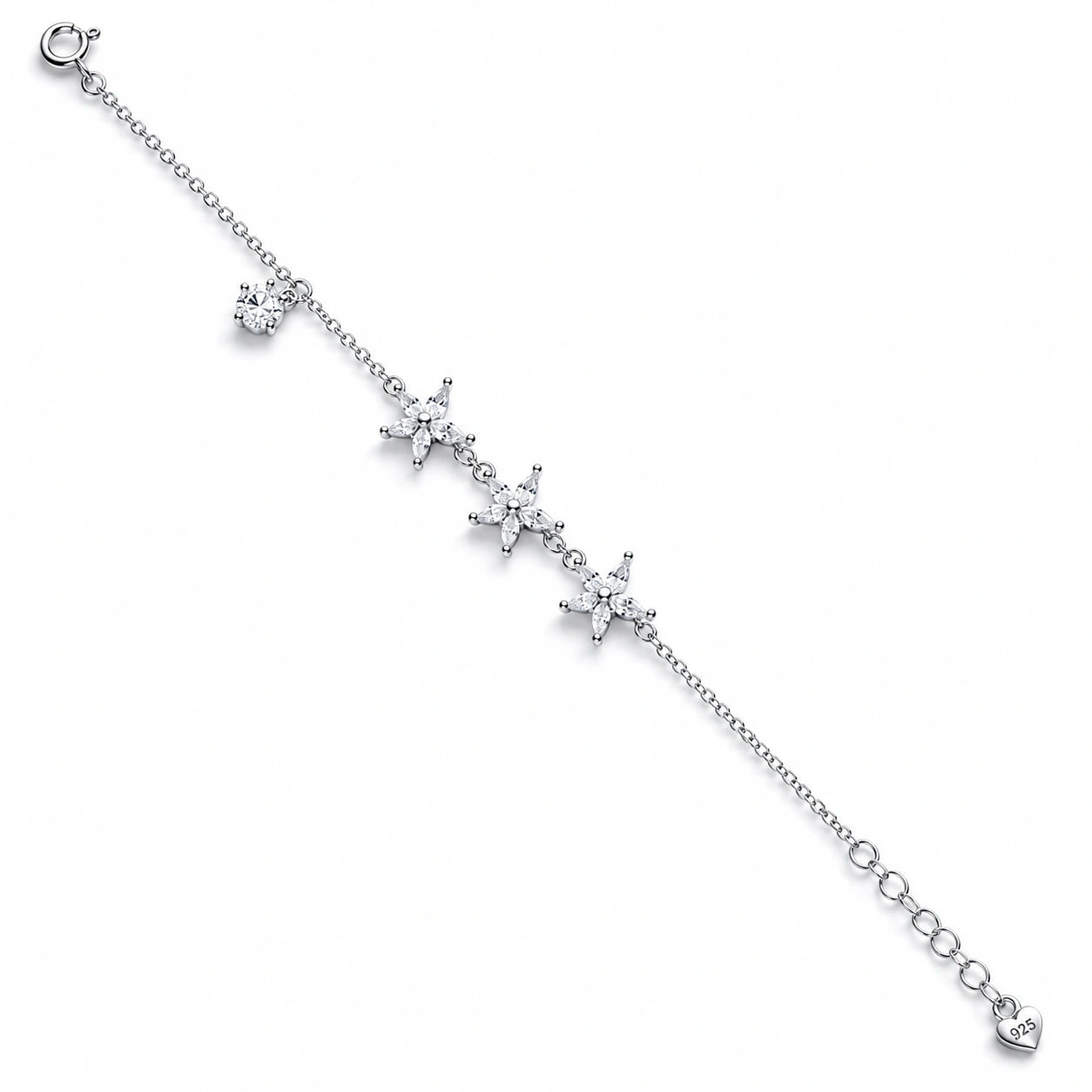 Triple Flower Charm 925 Sterling Silver Bracelet for Women