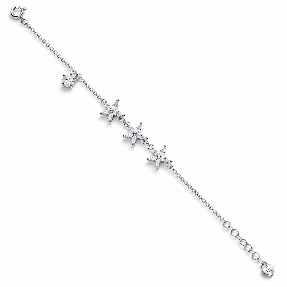 Triple Flower Charm 925 Sterling Silver Bracelet for Women
