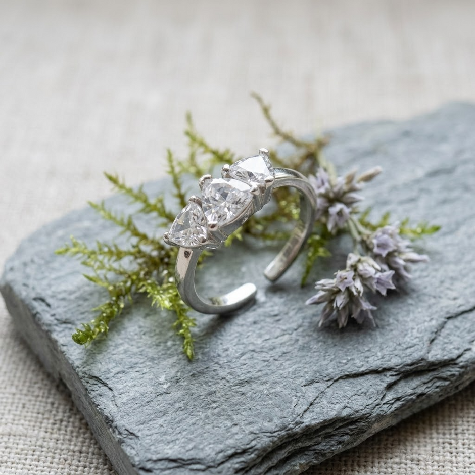925 Sterling Silver Open Ring with Three Trillion-Cut Clear CZ Stones.