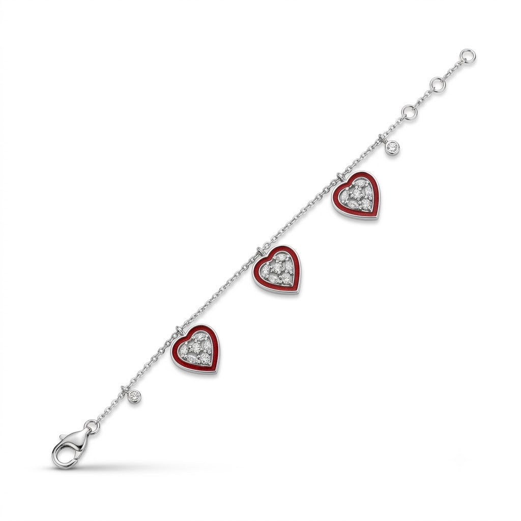 Triple Heart Charm 925 Sterling Silver Bracelet for Women