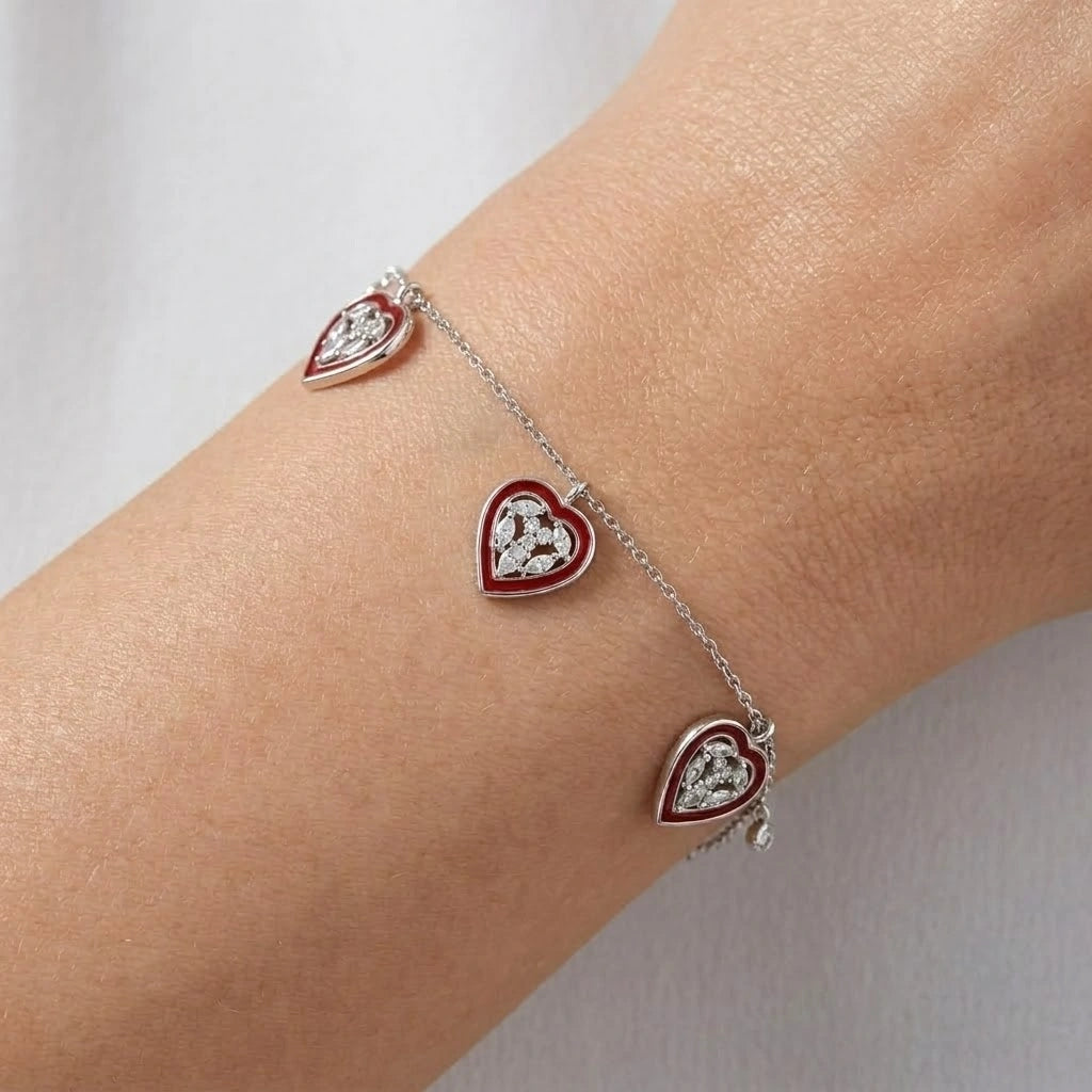 Triple Heart Charm 925 Sterling Silver Bracelet for Women