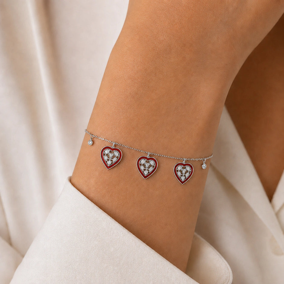 Triple Heart Charm 925 Sterling Silver Bracelet for Women