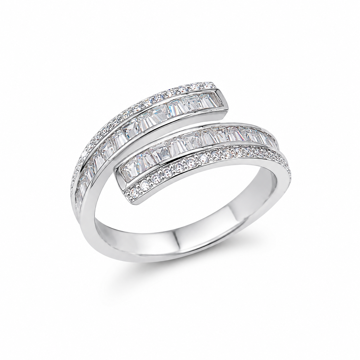 925 Sterling Silver Wrap Ring with Baguette and Pavé Cubic Zirconia on White Marble Display