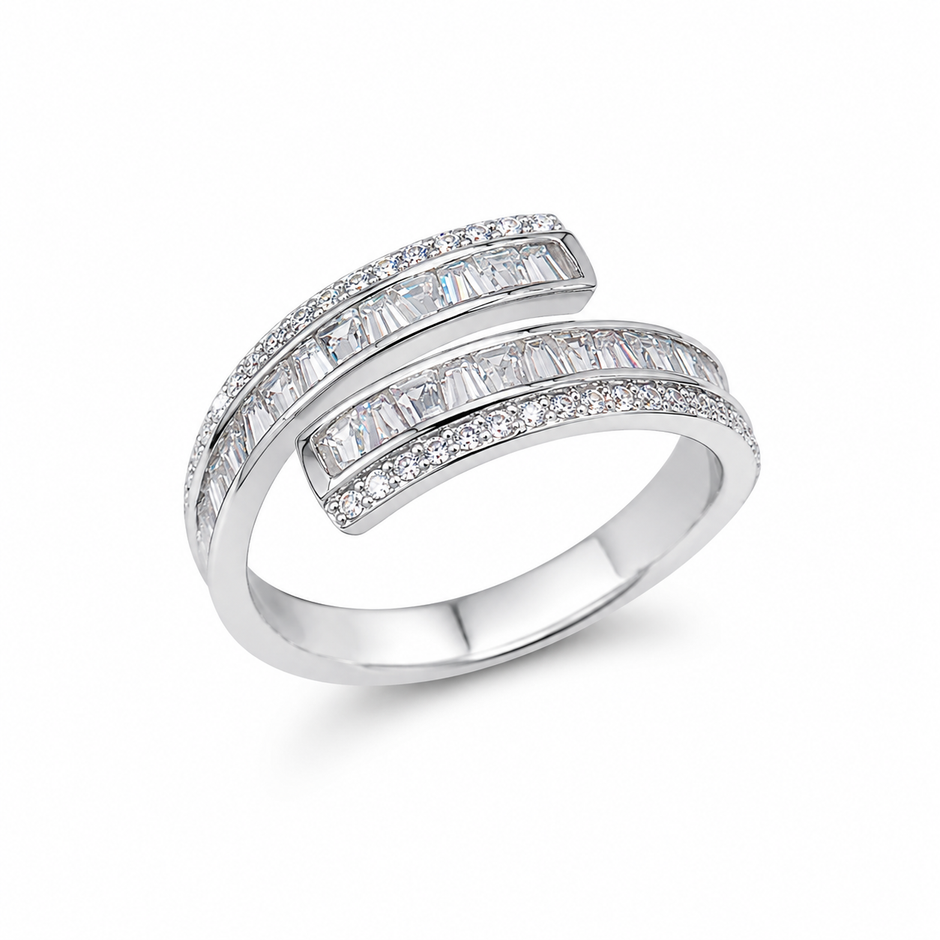 925 Sterling Silver Wrap Ring with Baguette and Pavé Cubic Zirconia on White Marble Display