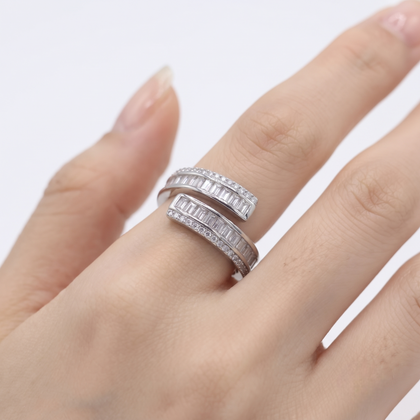 925 Sterling Silver Wrap Ring with Baguette and Pavé Cubic Zirconia on White Marble Display