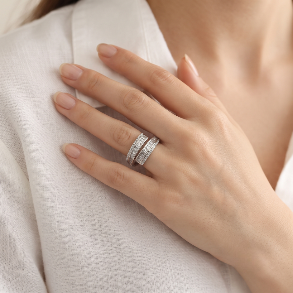 925 Sterling Silver Wrap Ring with Baguette and Pavé Cubic Zirconia on White Marble Display