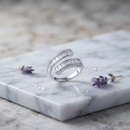 925 Sterling Silver Wrap Ring with Baguette and Pavé Cubic Zirconia on White Marble Display