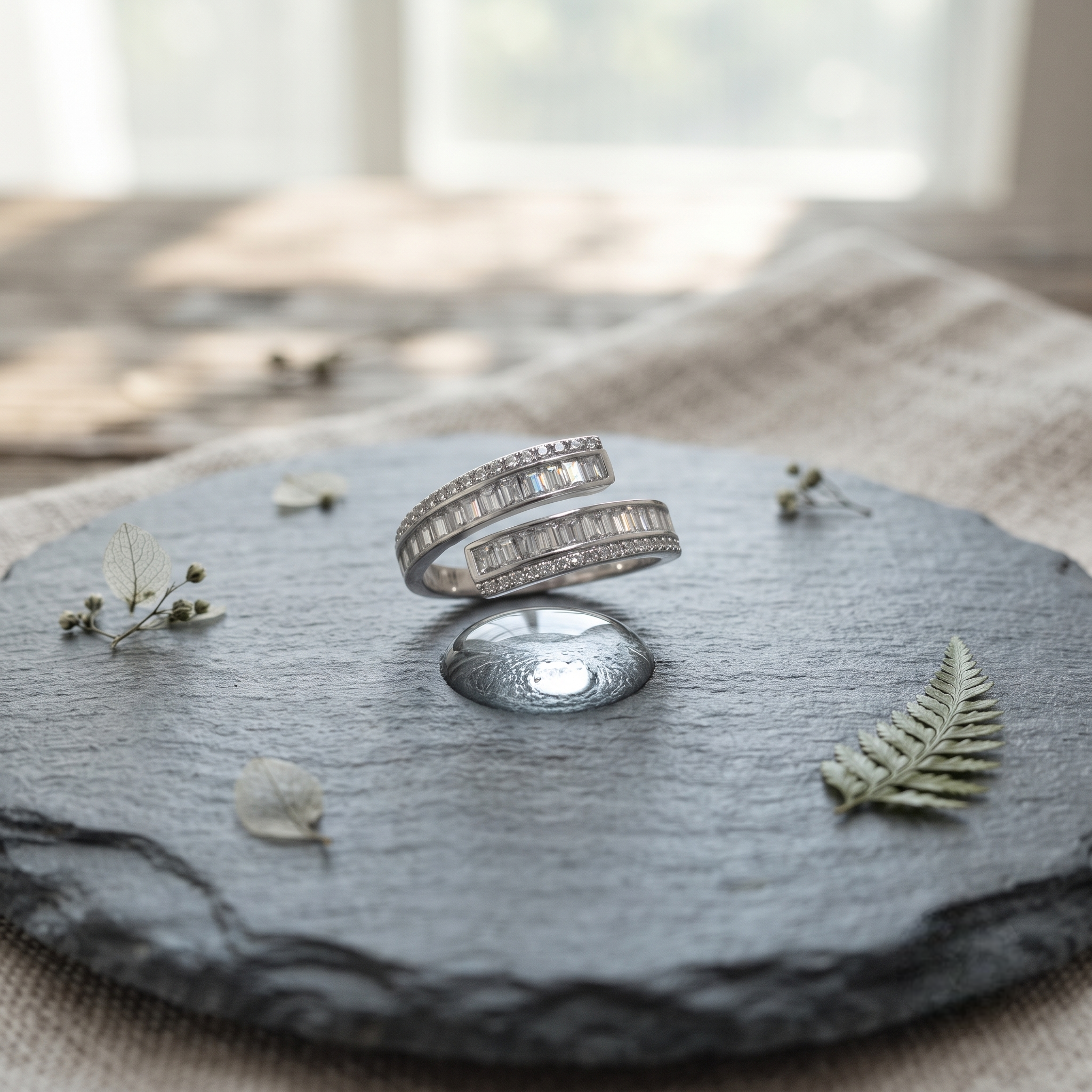 925 Sterling Silver Wrap Ring with Baguette and Pavé Cubic Zirconia on White Marble Display