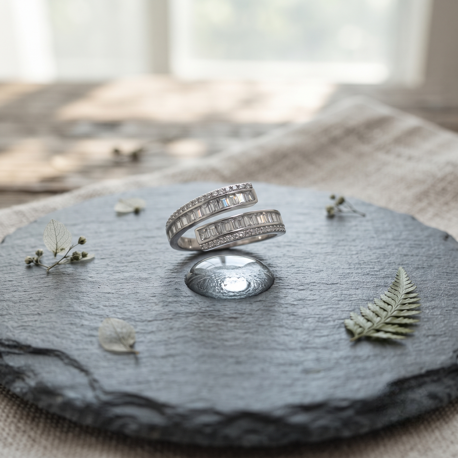925 Sterling Silver Wrap Ring with Baguette and Pavé Cubic Zirconia on White Marble Display