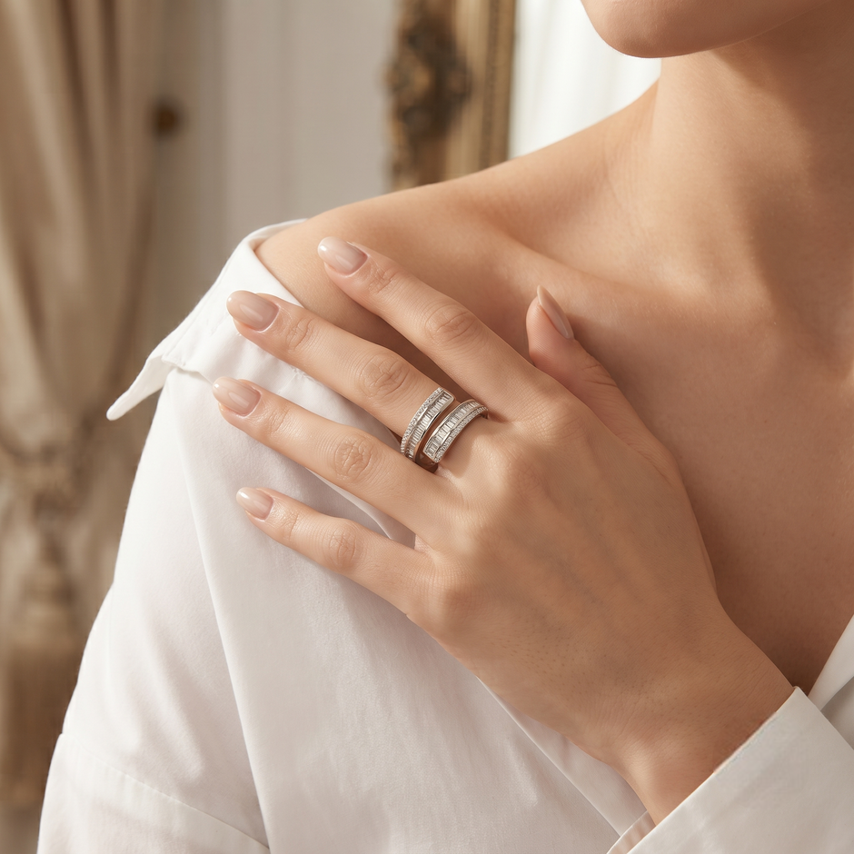 925 Sterling Silver Wrap Ring with Baguette and Pavé Cubic Zirconia on White Marble Display