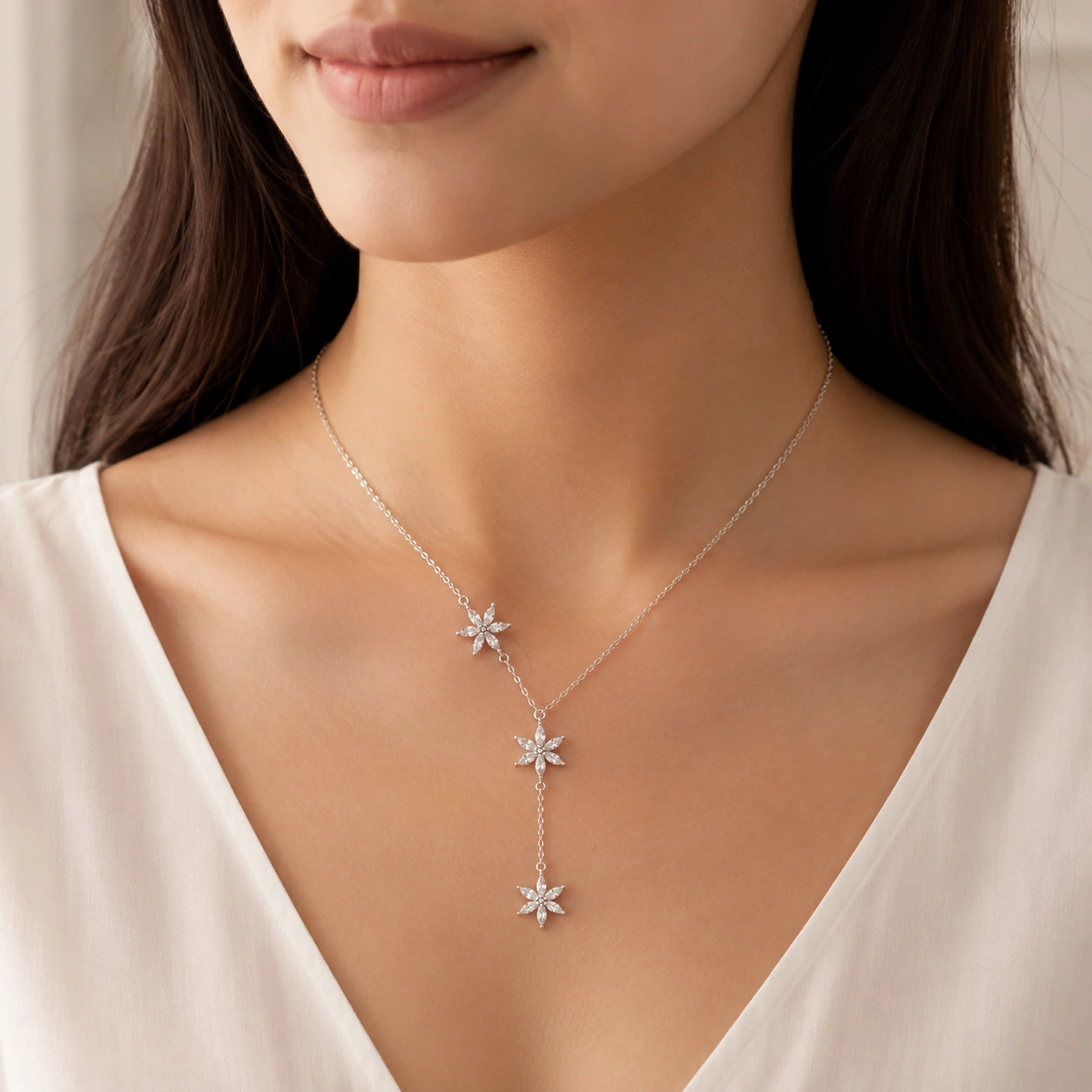 Triple Star Diamond 925 Sterling Silver Pendant Chain for Women