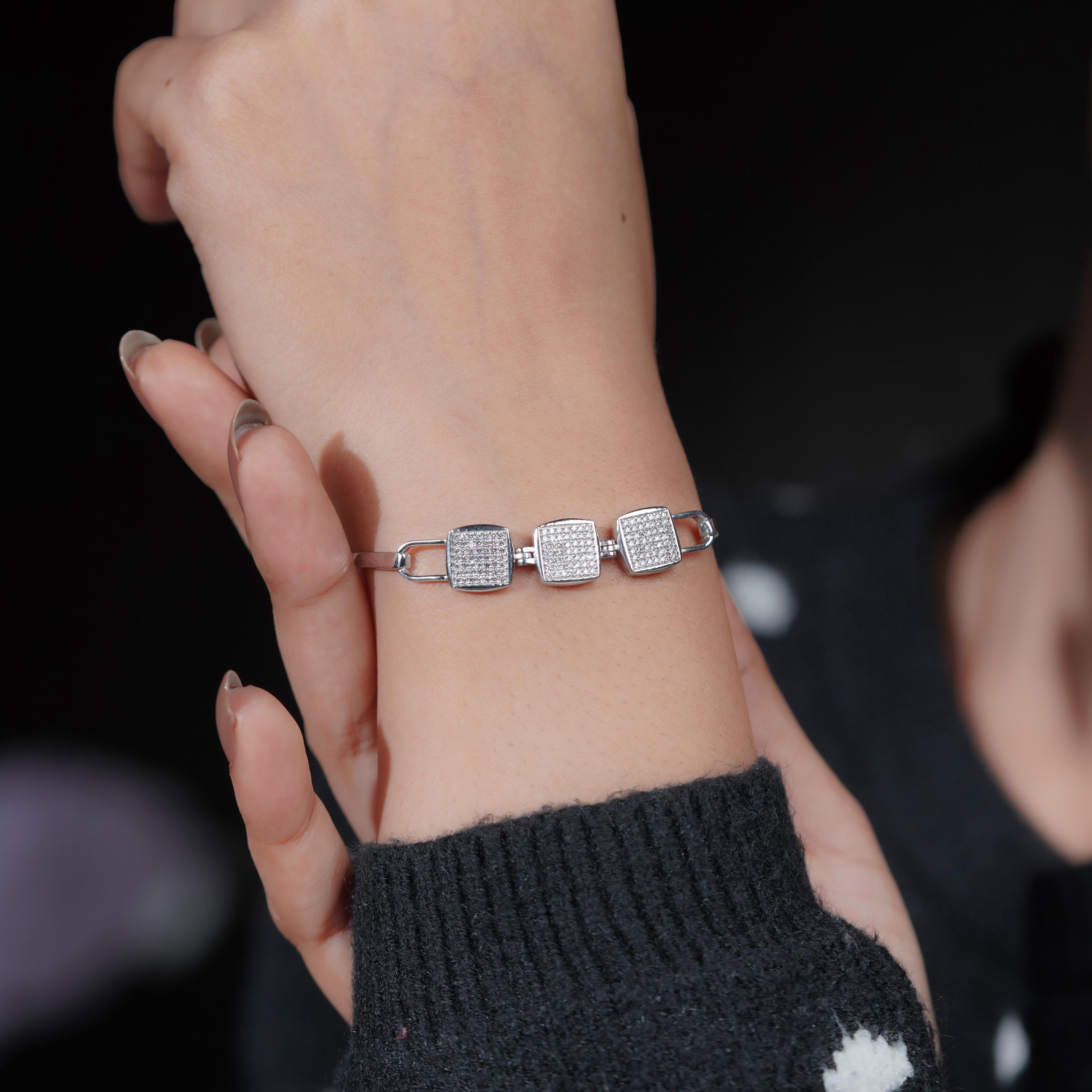 Geometric Diamond Cuff Silver Bracelet for Women