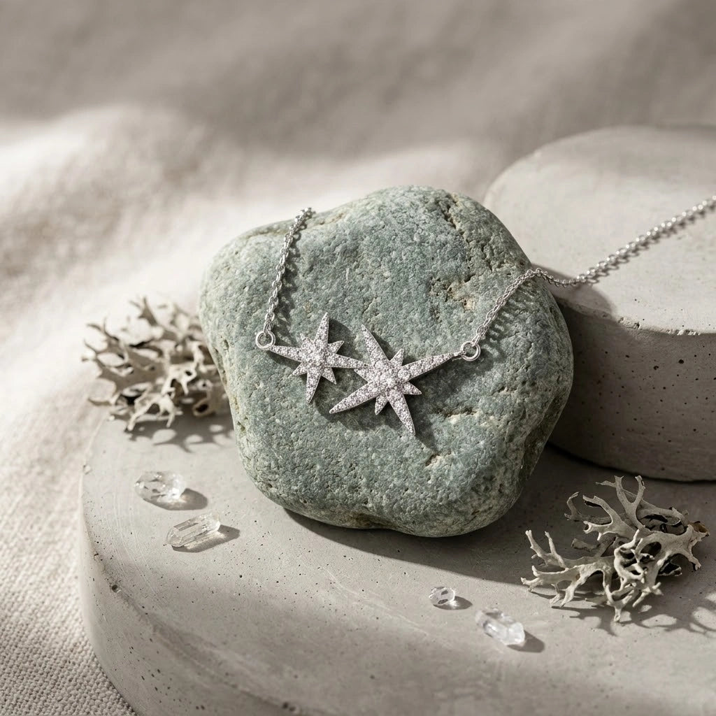 Twin Star Diamond 925 Sterling Silver Pendant Chain for Women