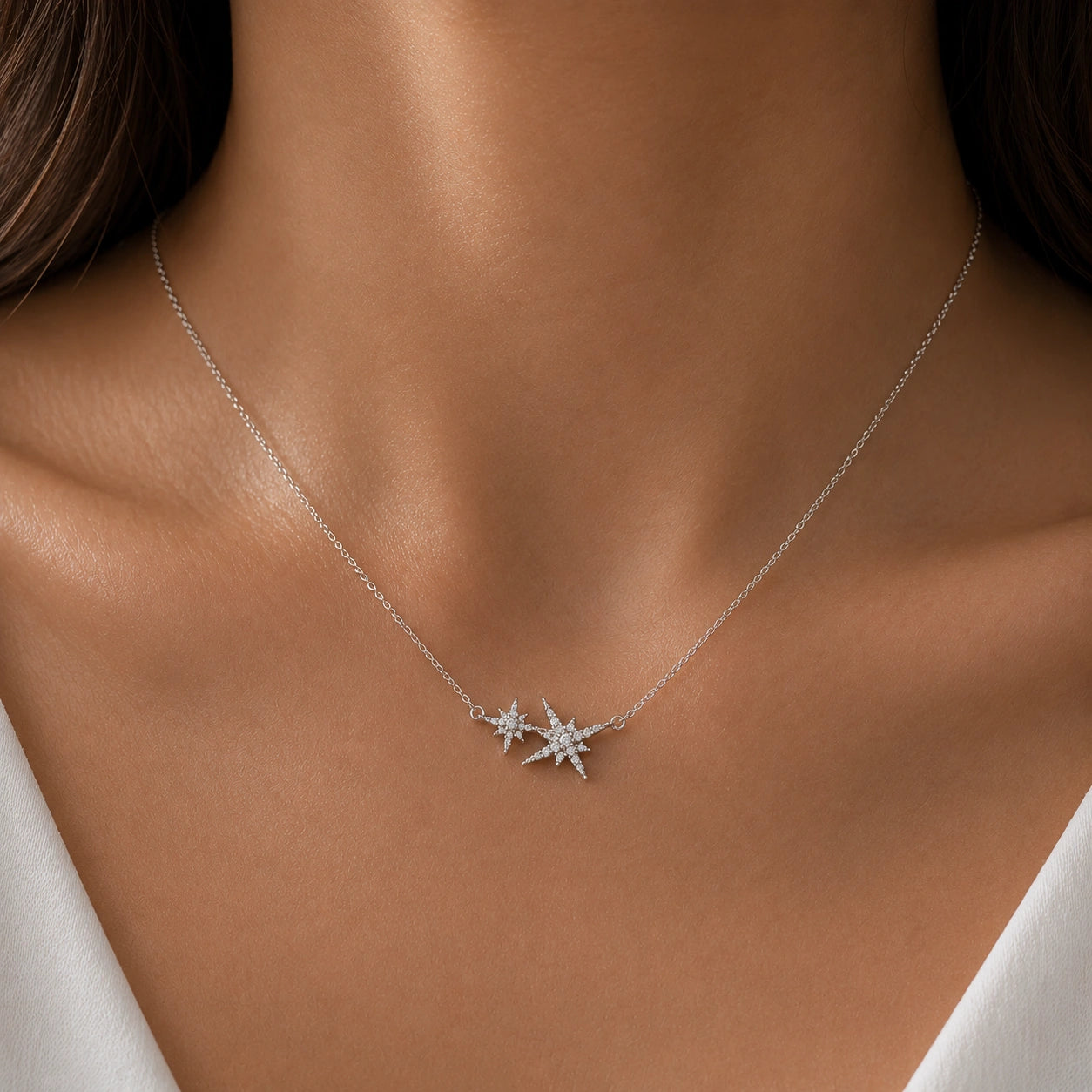 Twin Star Diamond 925 Sterling Silver Pendant Chain for Women