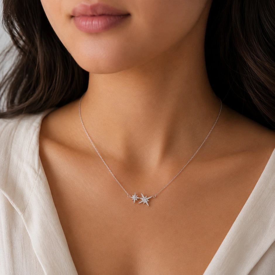 Twin Star Diamond 925 Sterling Silver Pendant Chain for Women