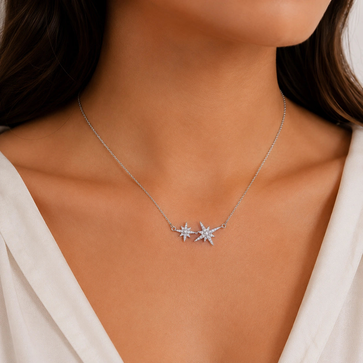 Twin Star Diamond 925 Sterling Silver Pendant Chain for Women