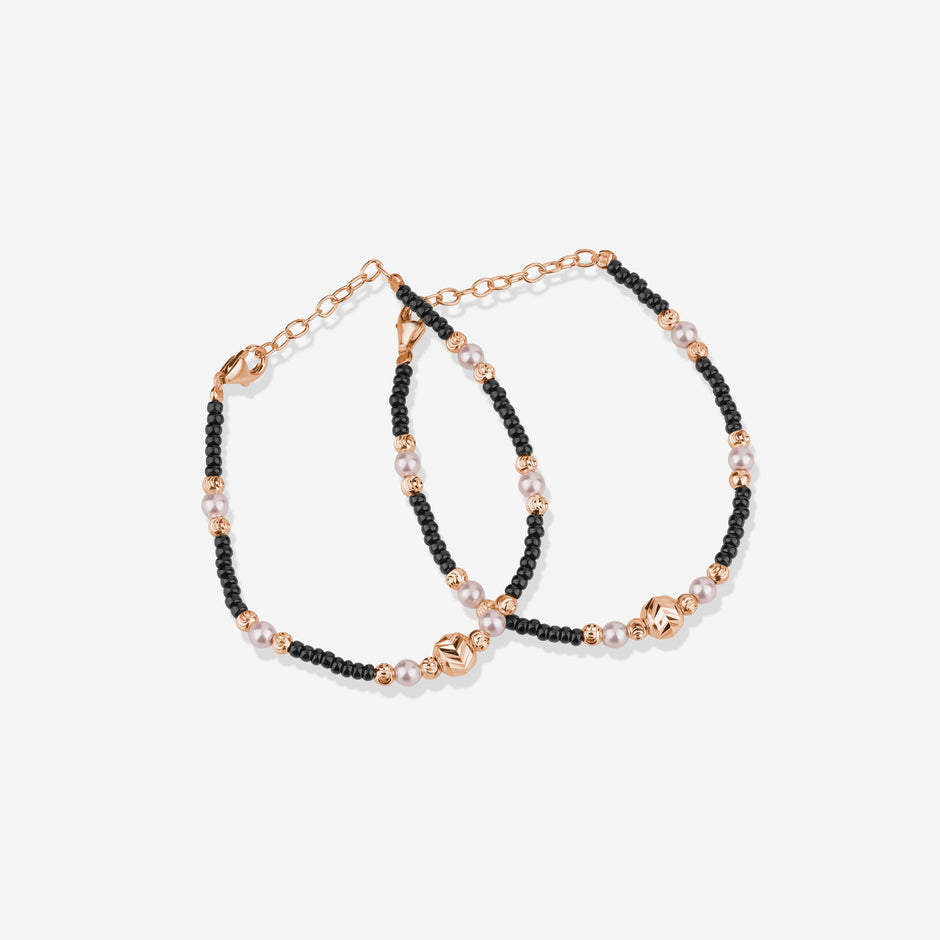 Twin Pearl Beaded 925 Sterling Silver Rose Gold Kid's Bracelet
