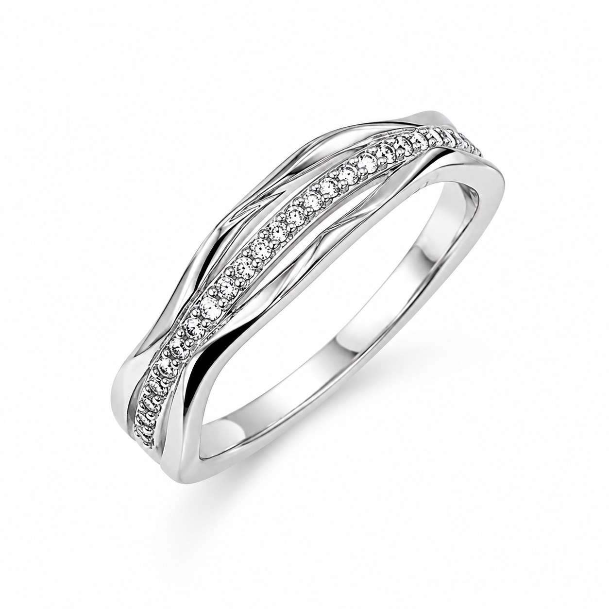 925 Sterling Silver Curved CZ Pavé Band Ring on Black Slate.