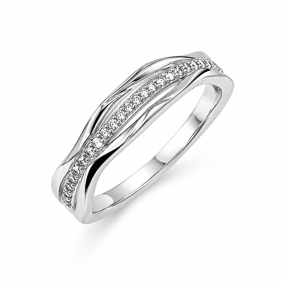 925 Sterling Silver Curved CZ Pavé Band Ring on Black Slate.
