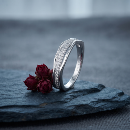925 Sterling Silver Curved CZ Pavé Band Ring on Black Slate.