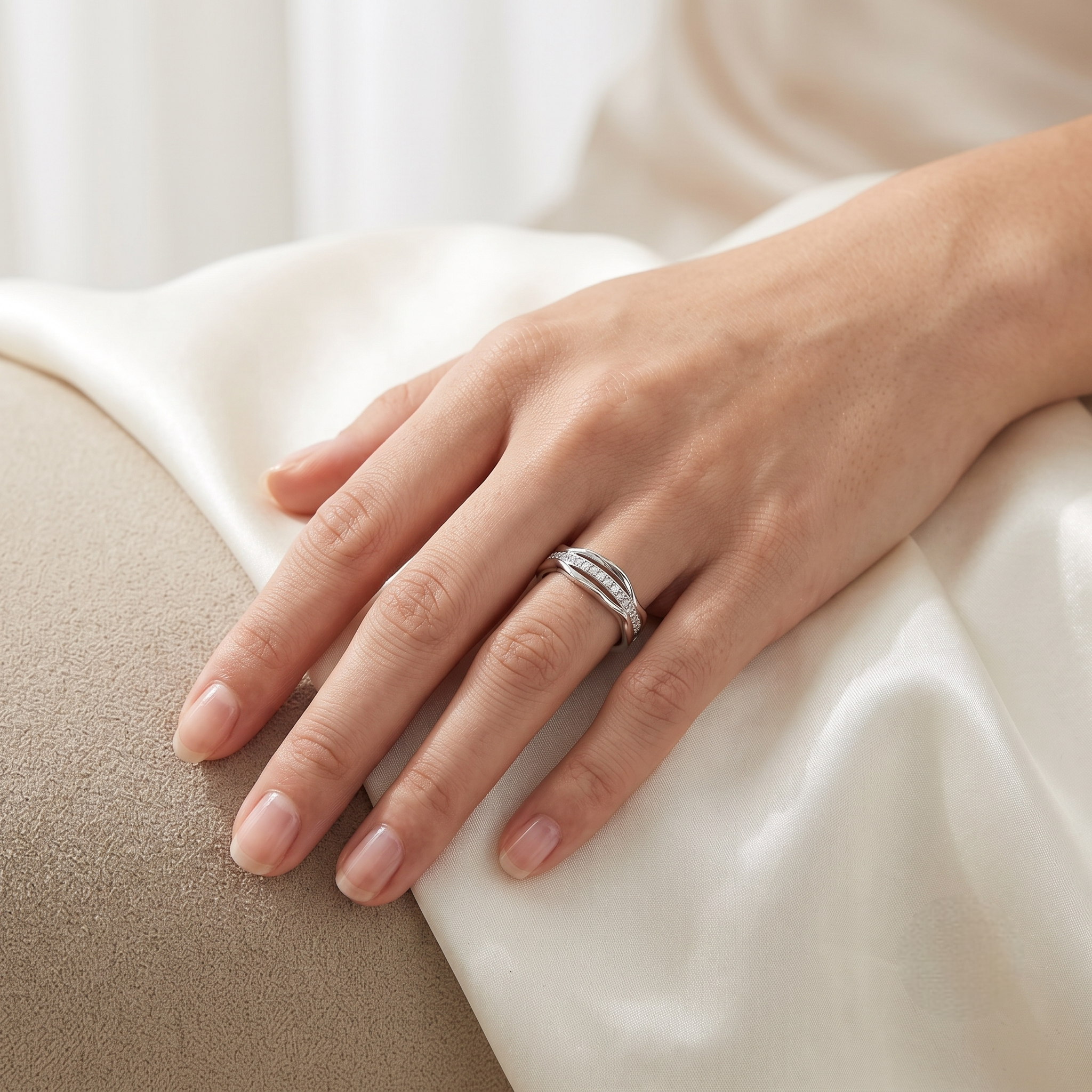 925 Sterling Silver Curved CZ Pavé Band Ring on Black Slate.